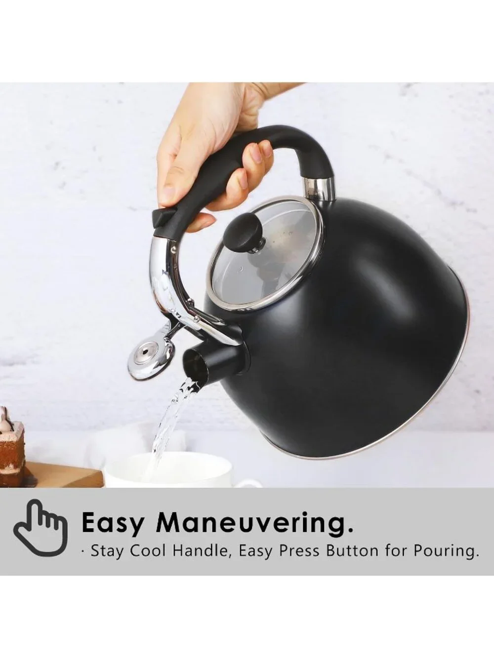 Black Stainless Steel Kitchen Whistling Stove Top Tea Kettle 2.5 Quart Glass Lid